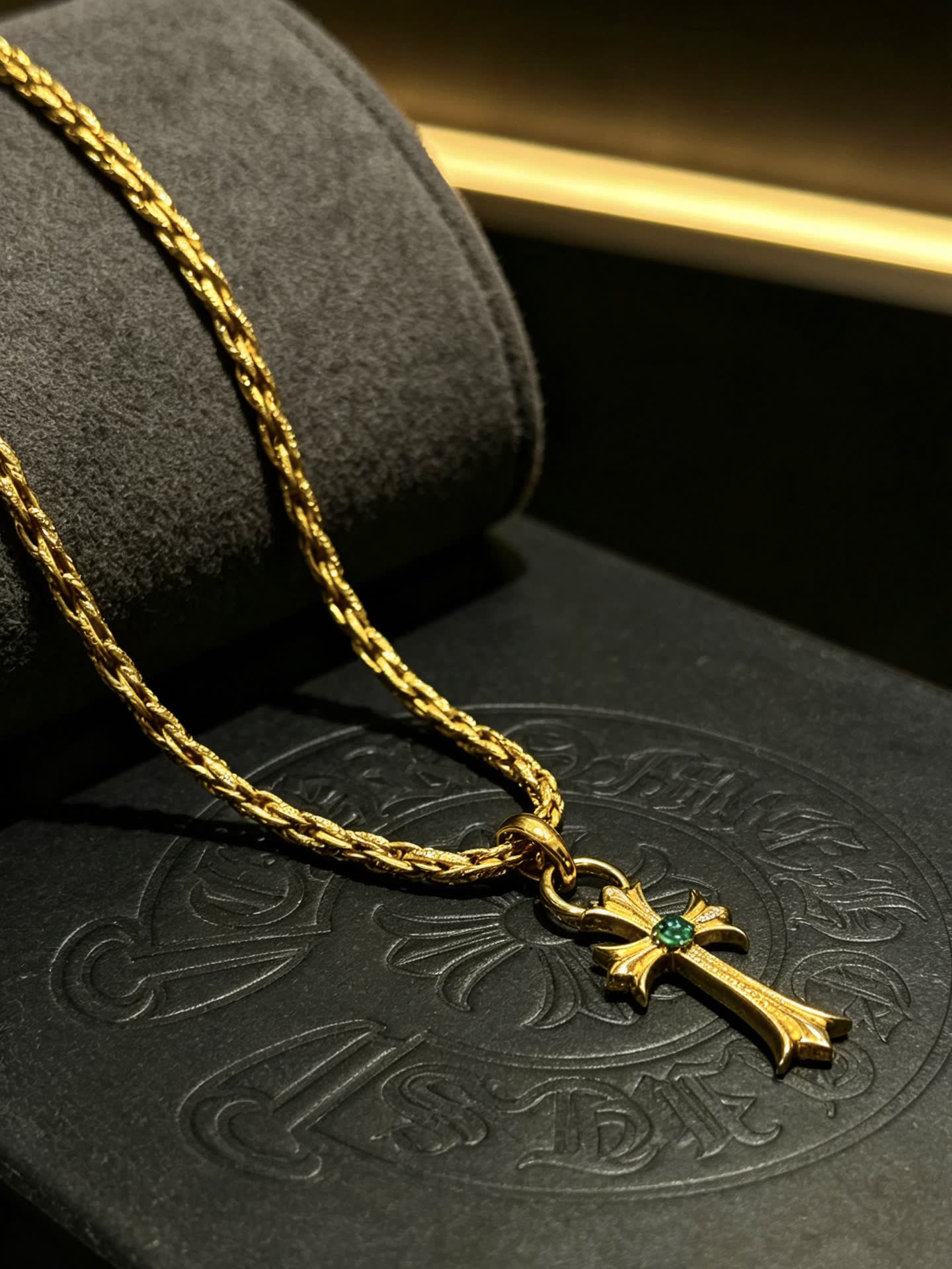 Chrome Hearts Gold Cross Pendant Necklace with Emerald